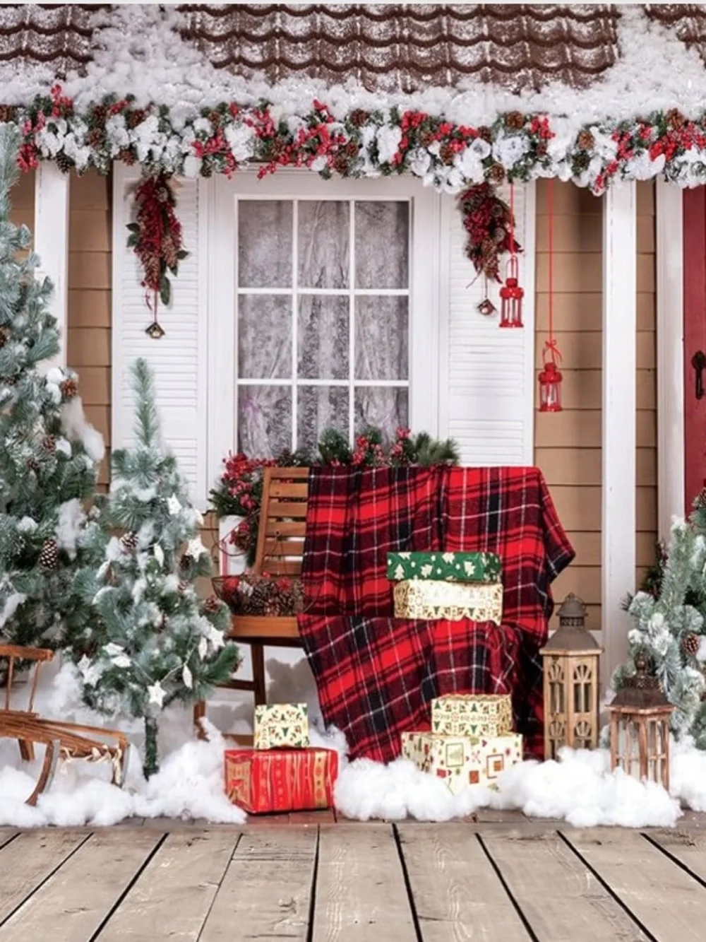 Christmas Porch Backdrop with Green Snow-Flocked Trees